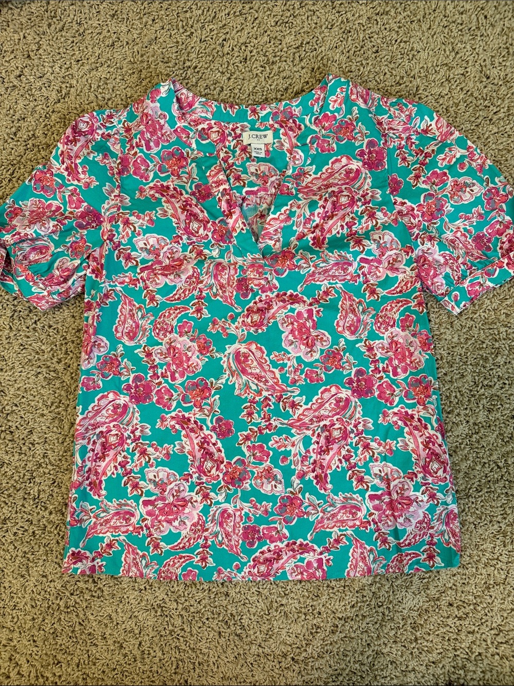 J. Crew Turquoise Pink Paisley Short-Sleeve Blouse